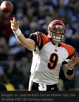 Cincinnati Bengals quarterback Carson Palmer, who doubles as a blogger, ascends to the top of the RotoRob 2007 QB rankings.