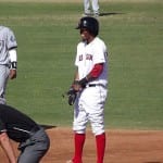 Boston Red Sox first base prospect Michael Almanzar, seen here after reaching second base, did not hit nearly as well at the AFL as he did at High-A.